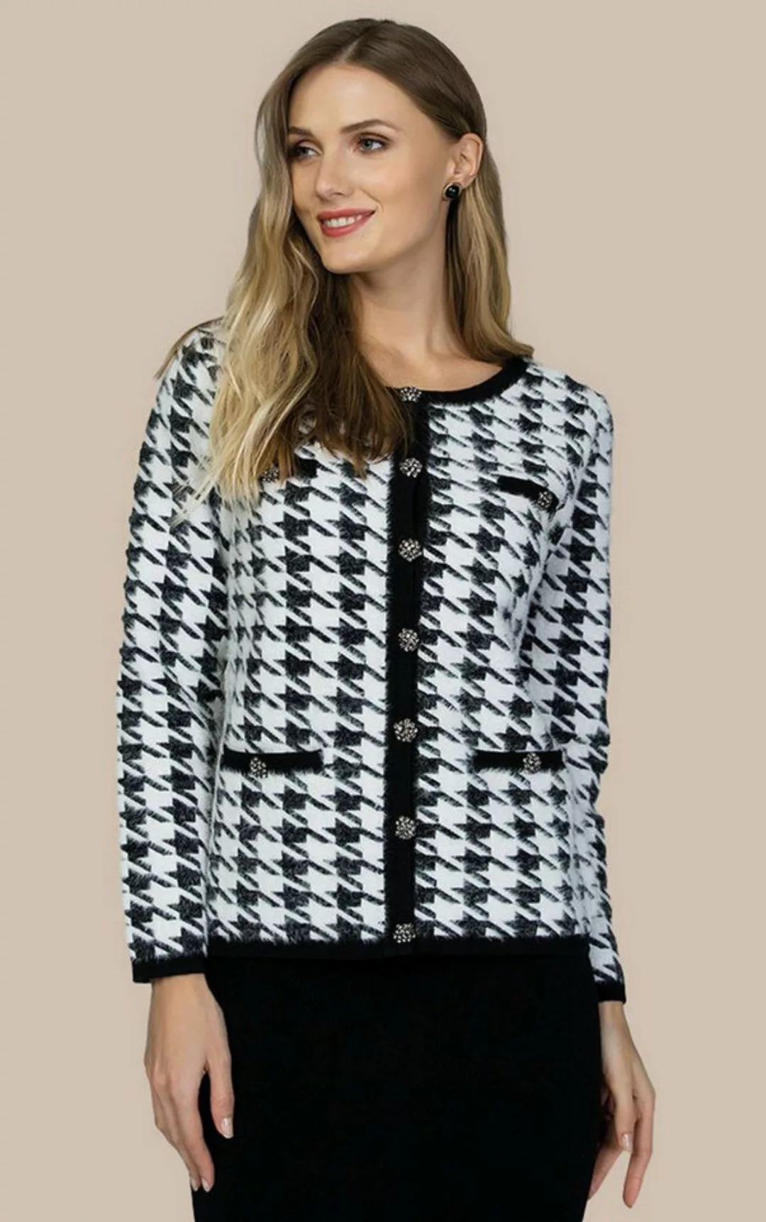 Passioni Cardigan Edle Jacke mit klassischem Hahnentrittmuster günstig online kaufen