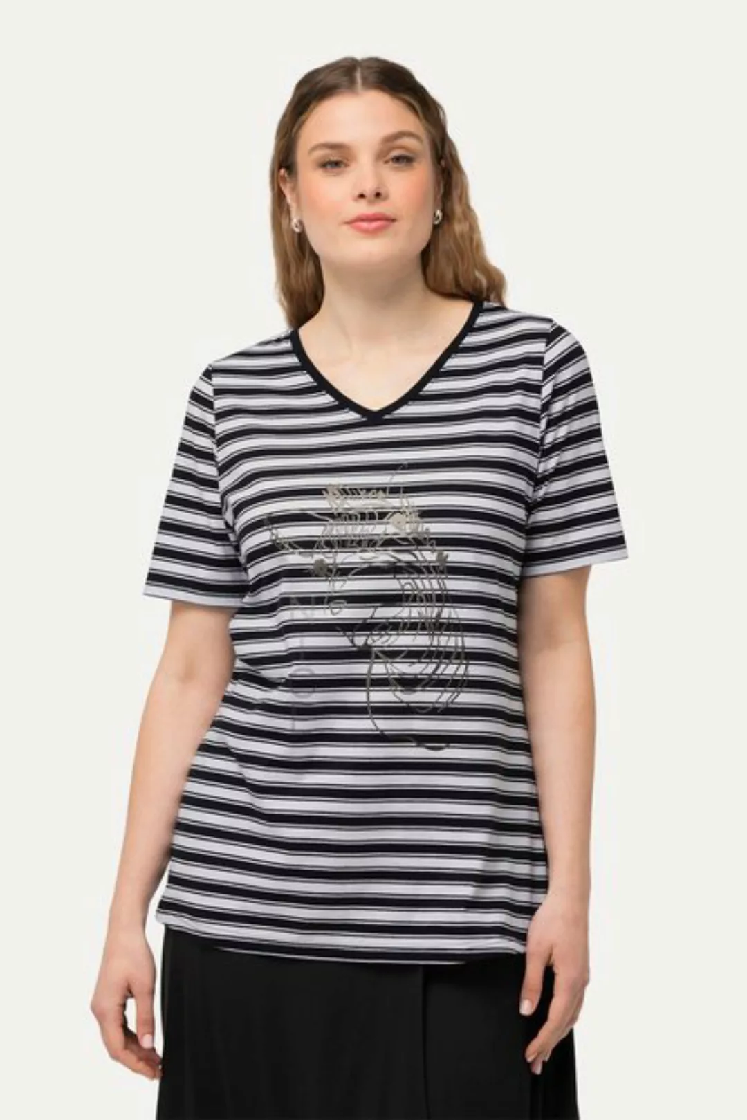 Ulla Popken Rundhalsshirt T-Shirt Ringel Metallic-Tiermotiv V-Ausschnitt günstig online kaufen