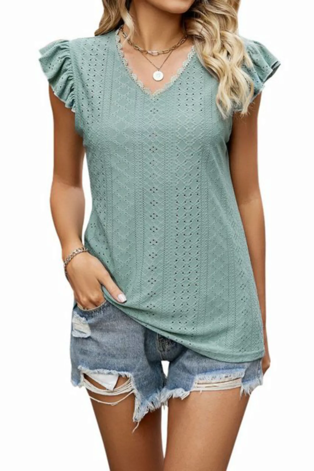 B.X Kurzarmshirt Damen-T-Shirt mit Rüschen kurzen Ärmeln und hohlem V-Aussc günstig online kaufen