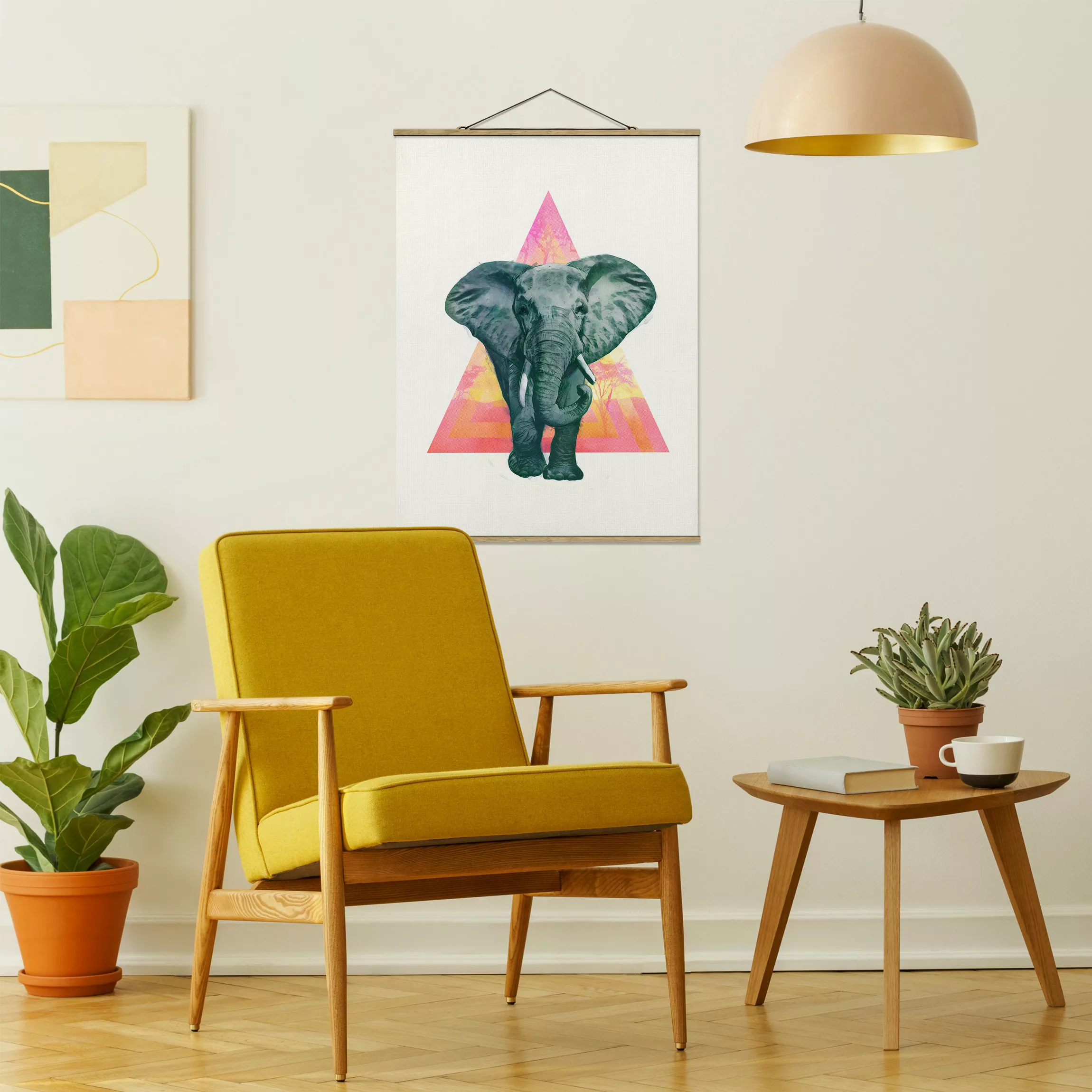 Stoffbild Tiere mit Posterleisten - Hochformat Illustration Elefant vor Dre günstig online kaufen