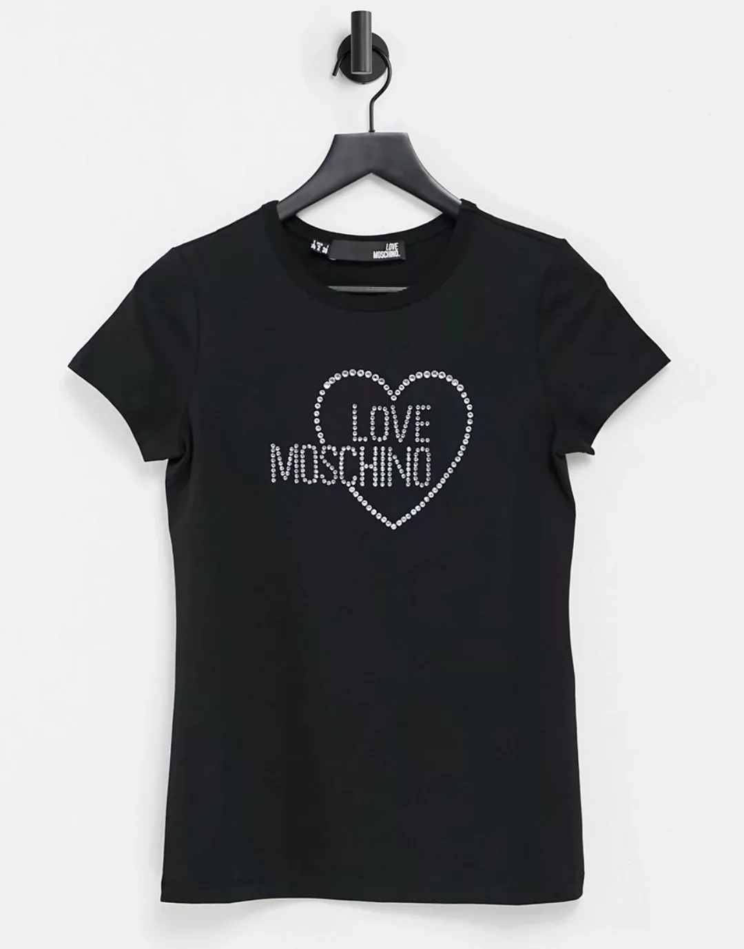 Love Moschino – Schwarzes T-Shirt mit strassverziertem Logo günstig online kaufen