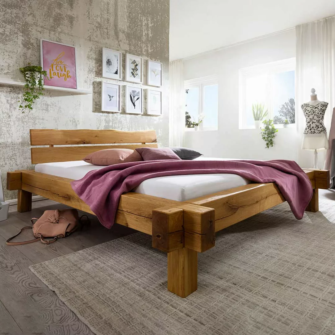 Design Balkenbett aus Wildeiche Massivholz geölt günstig online kaufen