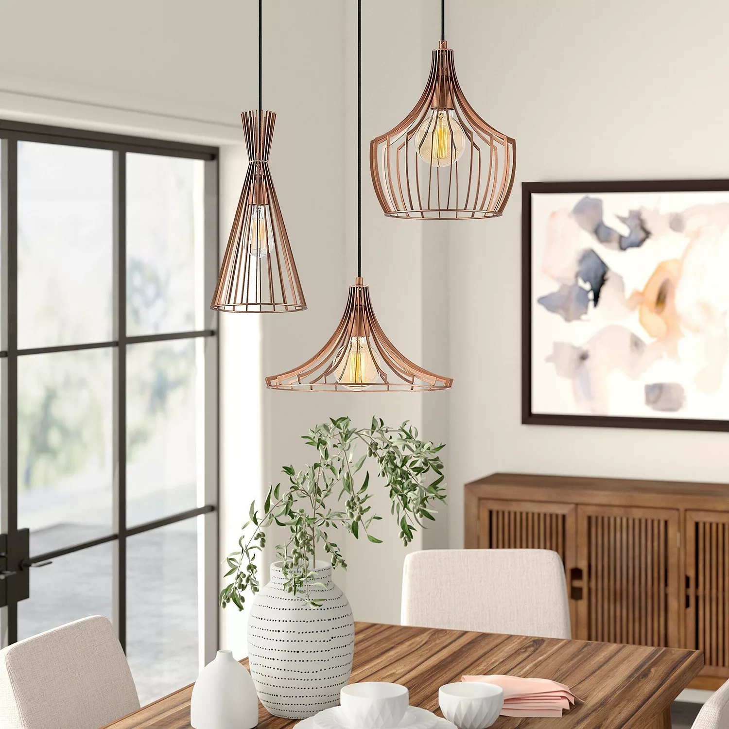 Deckenleuchte mit 3 Lampenschirmen - Metall - 55 x 113 cm - Kupferfarben - günstig online kaufen