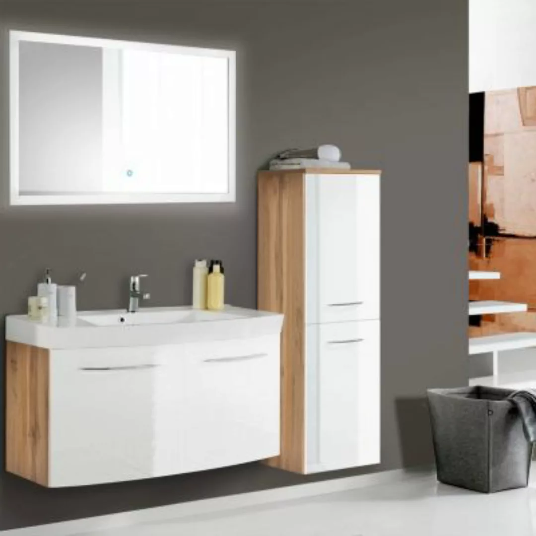 Lomadox Badmöbel Waschtisch Set mit LED-Spiegel FLORIDO-03-OAK weiß Hochgla günstig online kaufen