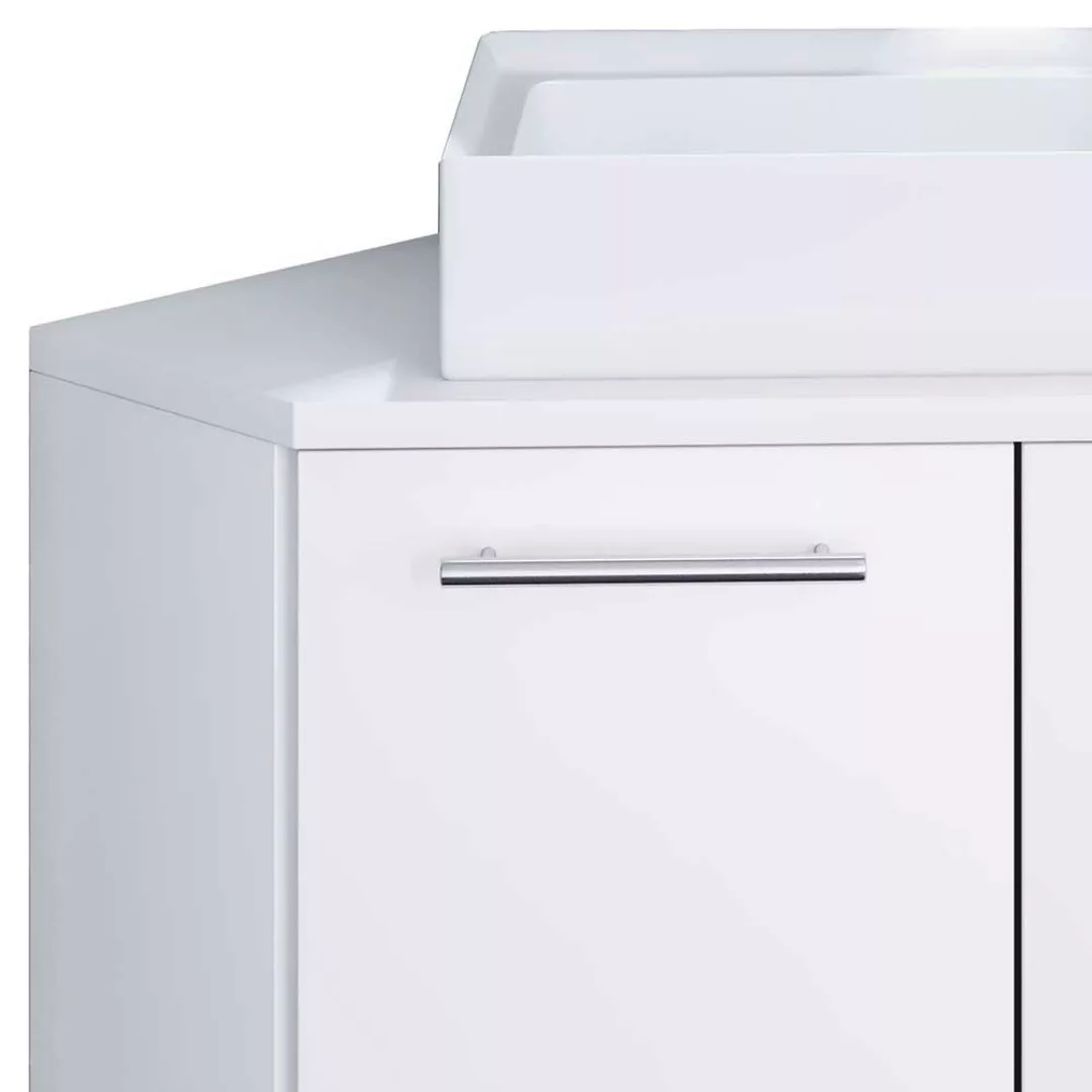 Eck Waschbeckenunterschrank in Weiß einem Aufsatzwaschbecken günstig online kaufen
