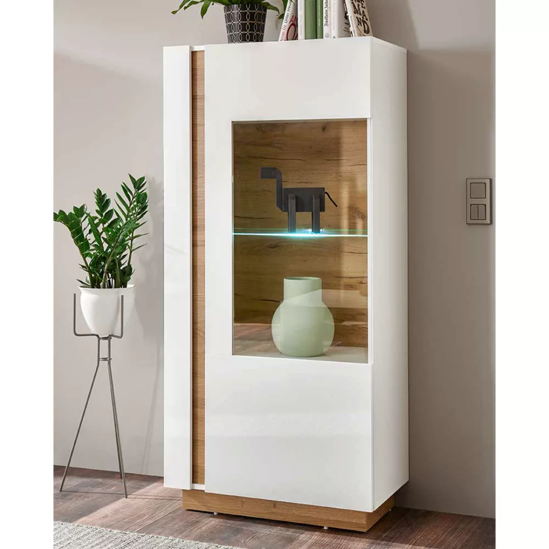 Wohnzimmer Vitrinenschrank in Weiß und Wildeiche Optik Skandi Design günstig online kaufen