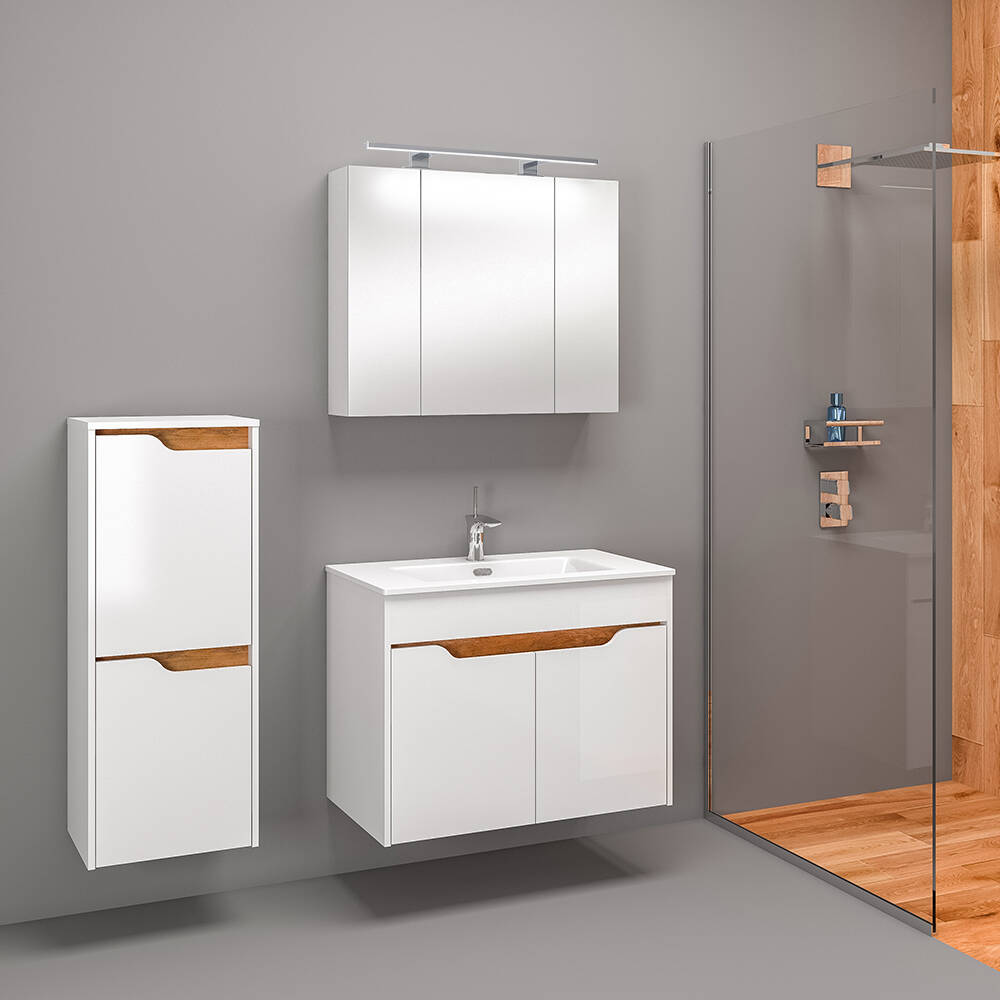 Badezimmer Set 3-teilig, 80cm Waschtisch, Spiegelschrank inkl. Aufbauleucht günstig online kaufen