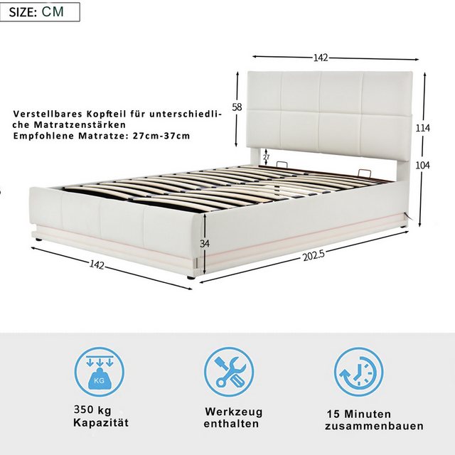 Flieks Polsterbett, LED hydraulisches Doppelbett Kunstleder 140x200cm günstig online kaufen