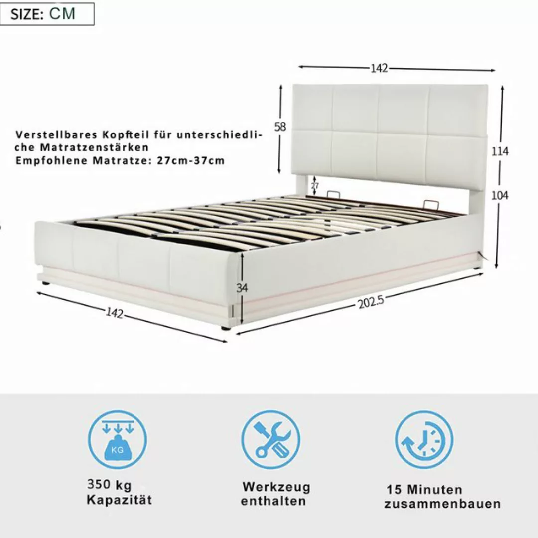 Flieks Polsterbett, LED hydraulisches Doppelbett Kunstleder 140x200cm günstig online kaufen