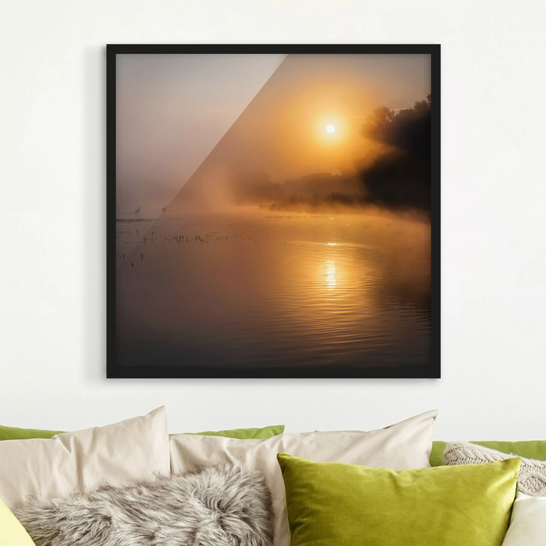 Bild mit Rahmen Natur & Landschaft - Quadrat Sonnenaufgang am See mit Rehen günstig online kaufen