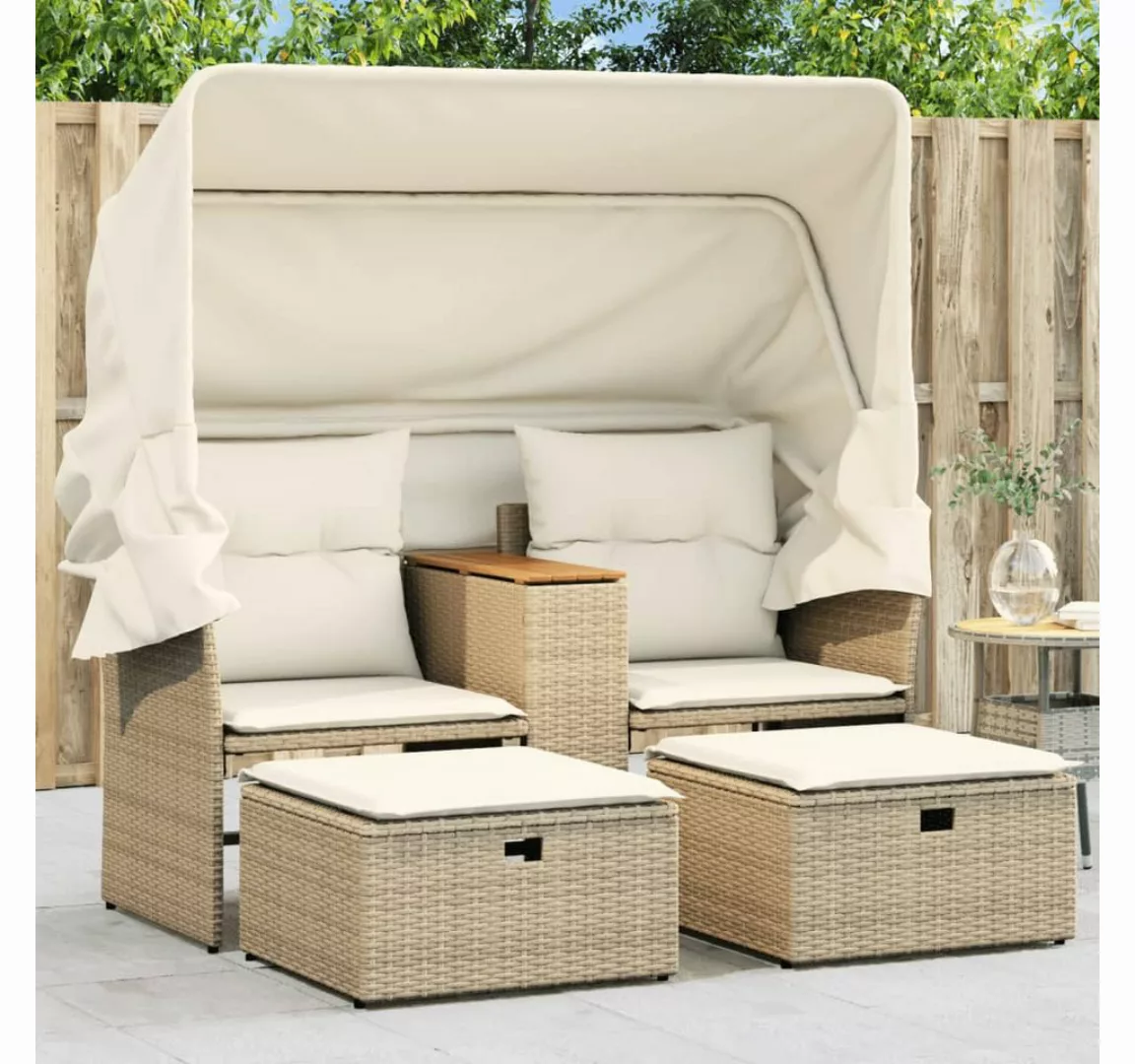 vidaXL Loungesofa Gartensofa 2-Sitzer mit Dach und Hockern Beige Poly Ratta günstig online kaufen
