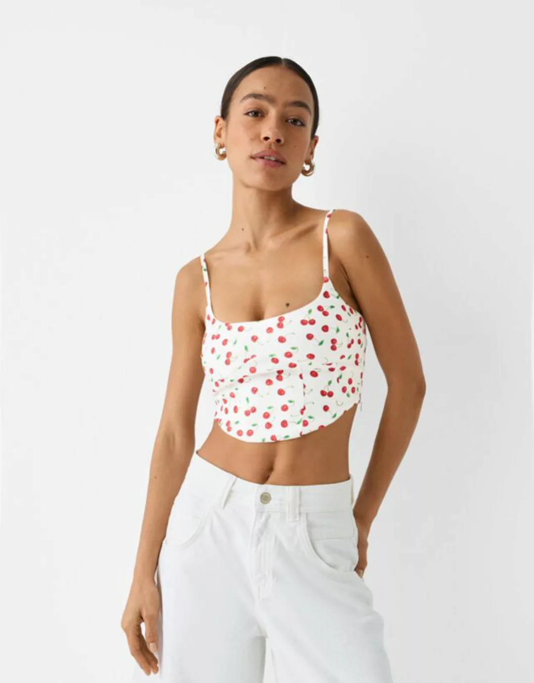 Bershka Top Aus Bengaline Mit Print Damen S Grbrochenes Weiss günstig online kaufen