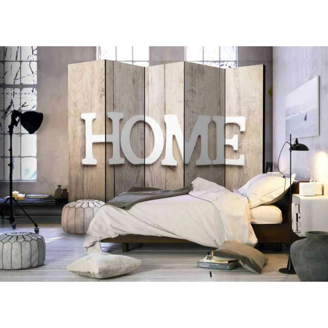 Schlafzimmer Paravent mit Home Aufschrift auf Holzwand Optik 225 cm breit günstig online kaufen