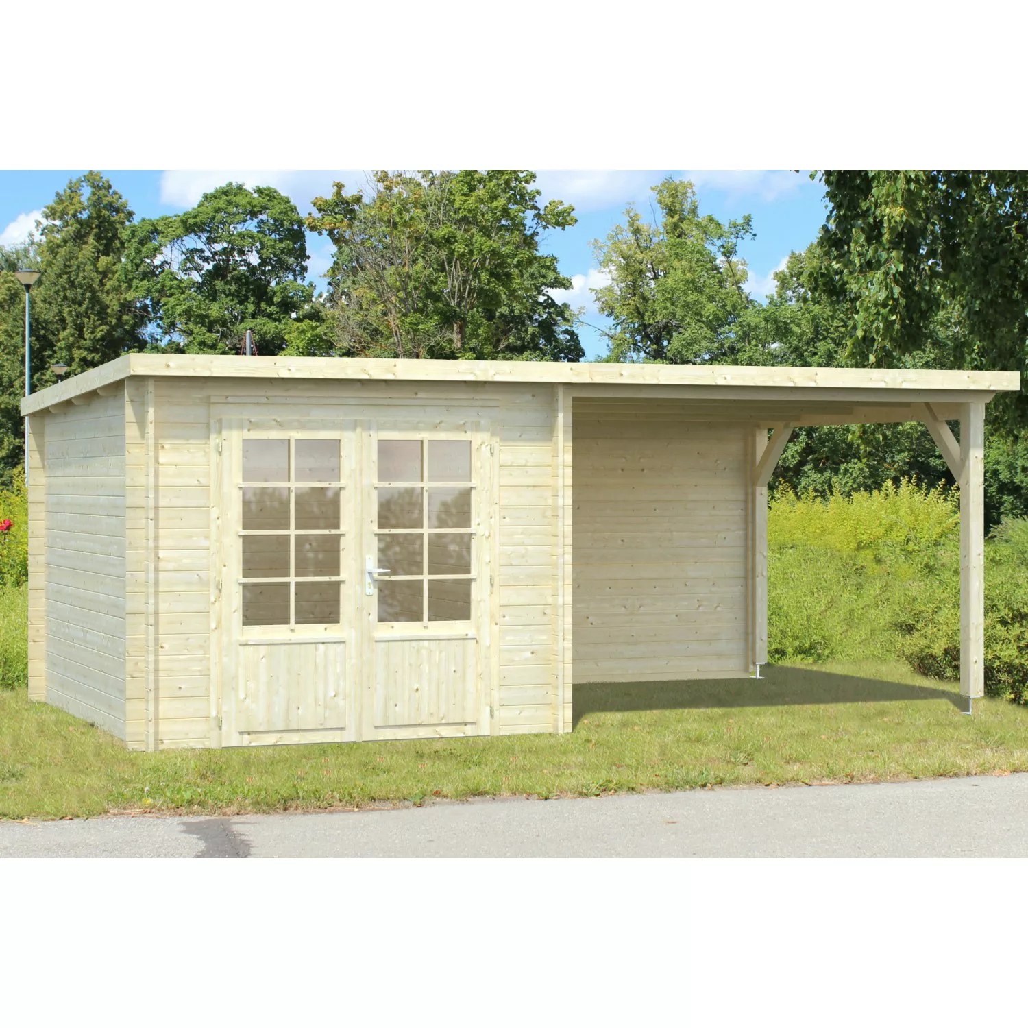 Palmako Ella Holz-Gartenhaus Hellbraun Flachdach Tauchgrundiert 532 cm x 30 günstig online kaufen