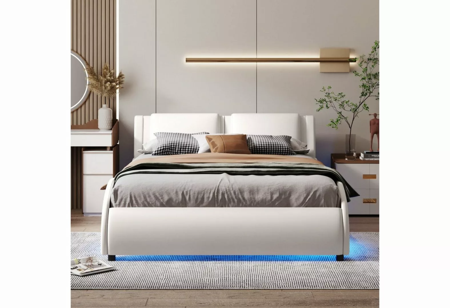 Gotagee Polsterbett Doppelbett 140X200cm LED Kunstleder Bett Lattenrost Bet günstig online kaufen