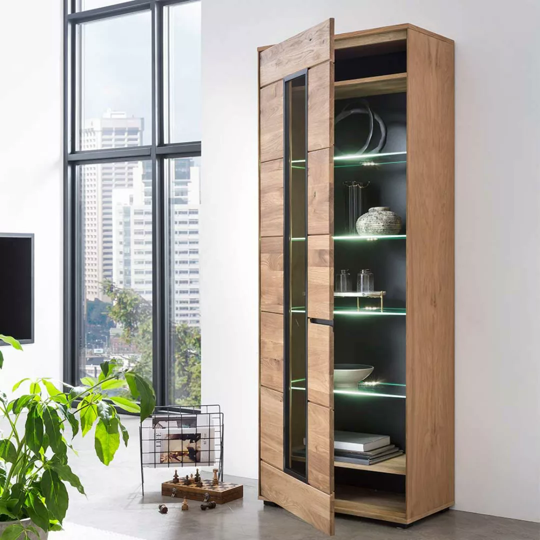 Große Schrank Vitrine Eiche teilmassiv 70x196x40 cm günstig online kaufen