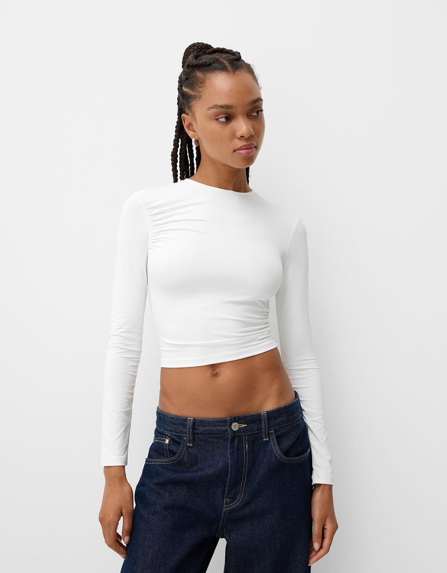 Bershka Langärmeliges Shirt Mit Raffungen Damen Xs Rohweiß günstig online kaufen