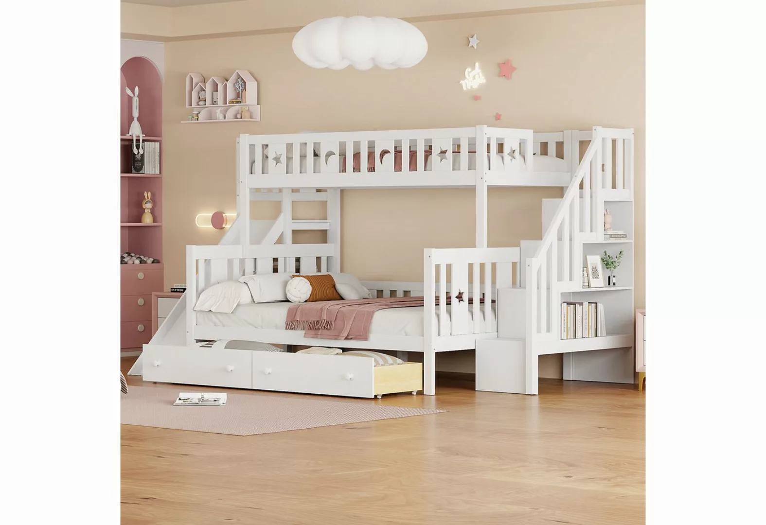 Flieks Etagenbett, Massivholz Kinderbett 90x200/140x200cm mit Treppe Rutsch günstig online kaufen