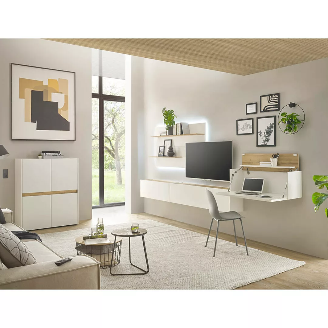 Wohnzimmer Set weiß mit Eiche CRISP-61 modern 5-teilig mit Homeoffice-Lösun günstig online kaufen
