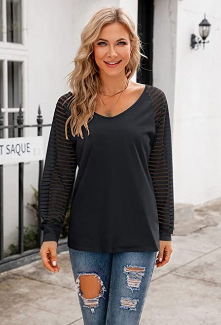 CHENIN Langarmhemd Damen Patchwork Langarm Top Gestreiftes Shirt Lässiges l günstig online kaufen