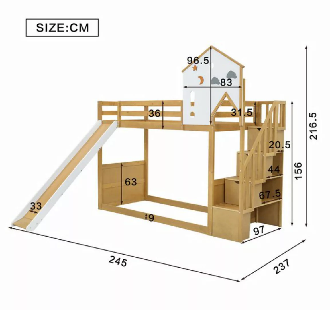 HAUSS SPLOE Etagenbett 90x200cm mit Rutsche, 3 Schließfächer in der Treppe, günstig online kaufen