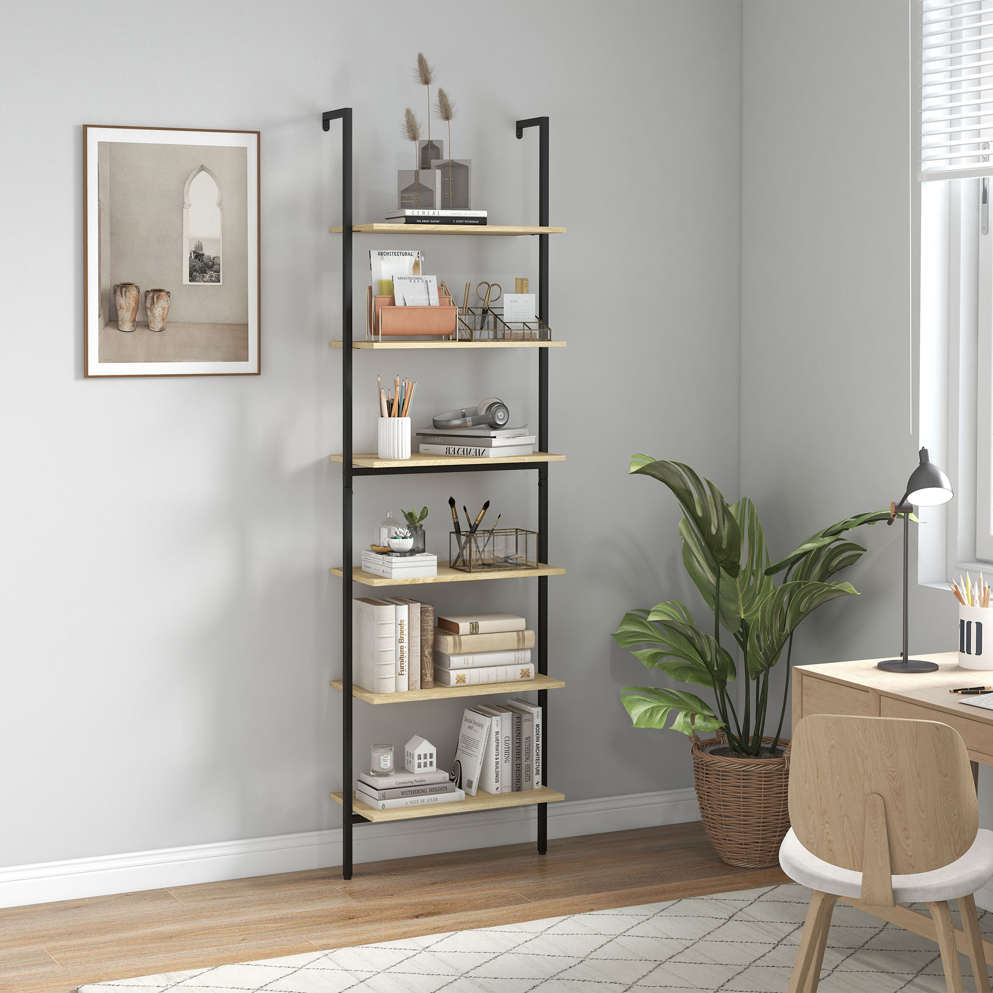 HOMCOM Wandregal Leiterregal Bücherregal Industriestil 6 Regale Schwarzer S günstig online kaufen