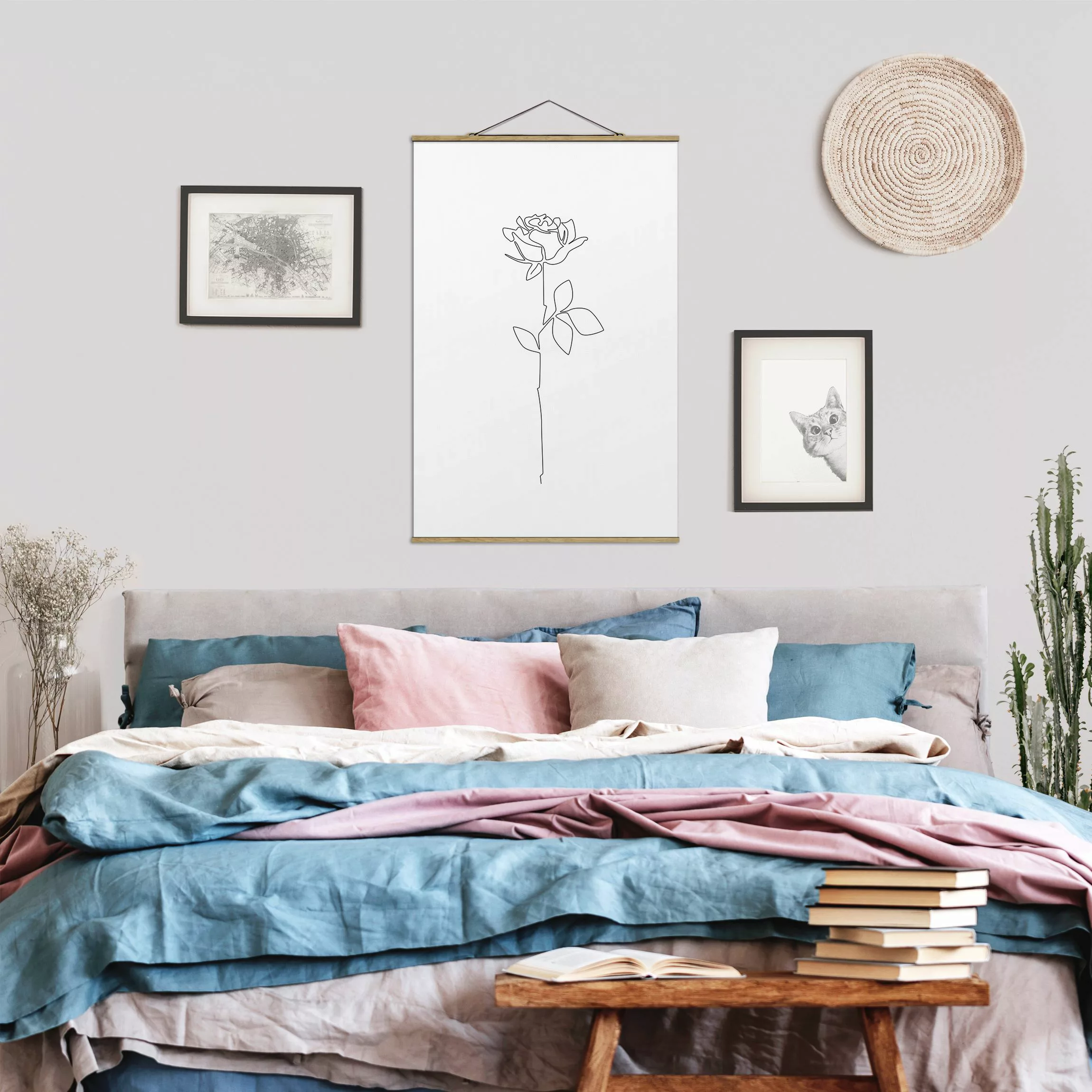 Stoffbild mit Posterleisten Line Art Blumen - Rose günstig online kaufen