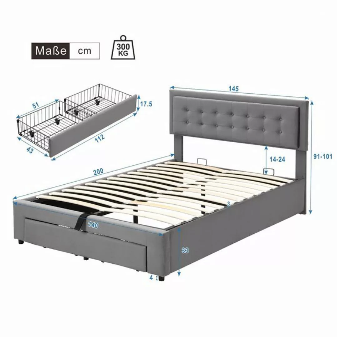 Ulife Polsterbett hydraulisches Doppelbett Funktionsbett Bettrahmen (mit La günstig online kaufen