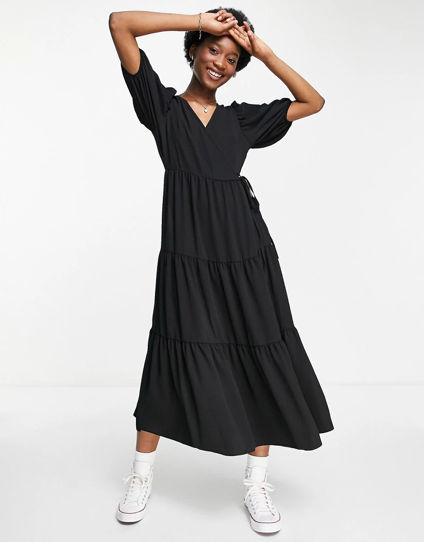 ASOS DESIGN – Kurzes, gestuftes Hängerkleid in Schwarz mit Wickeldesign vor günstig online kaufen