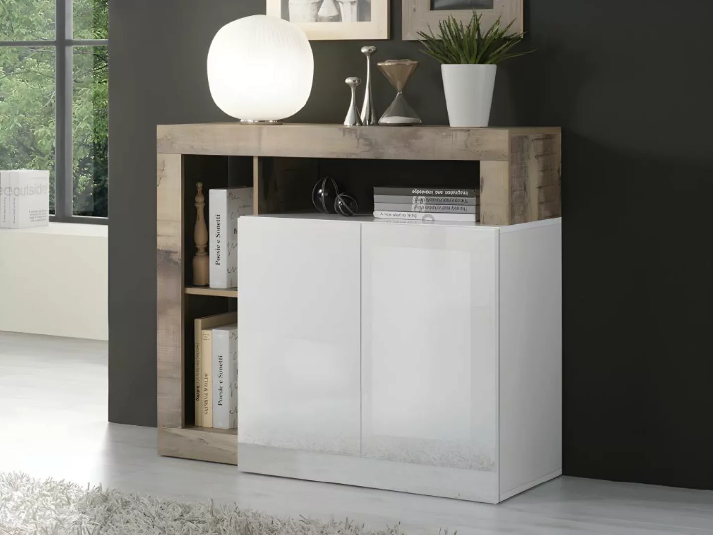 Sideboard mit 2 Türen & 3 Ablagen - Weiß lackiert & Eichefarben - SEFRO günstig online kaufen