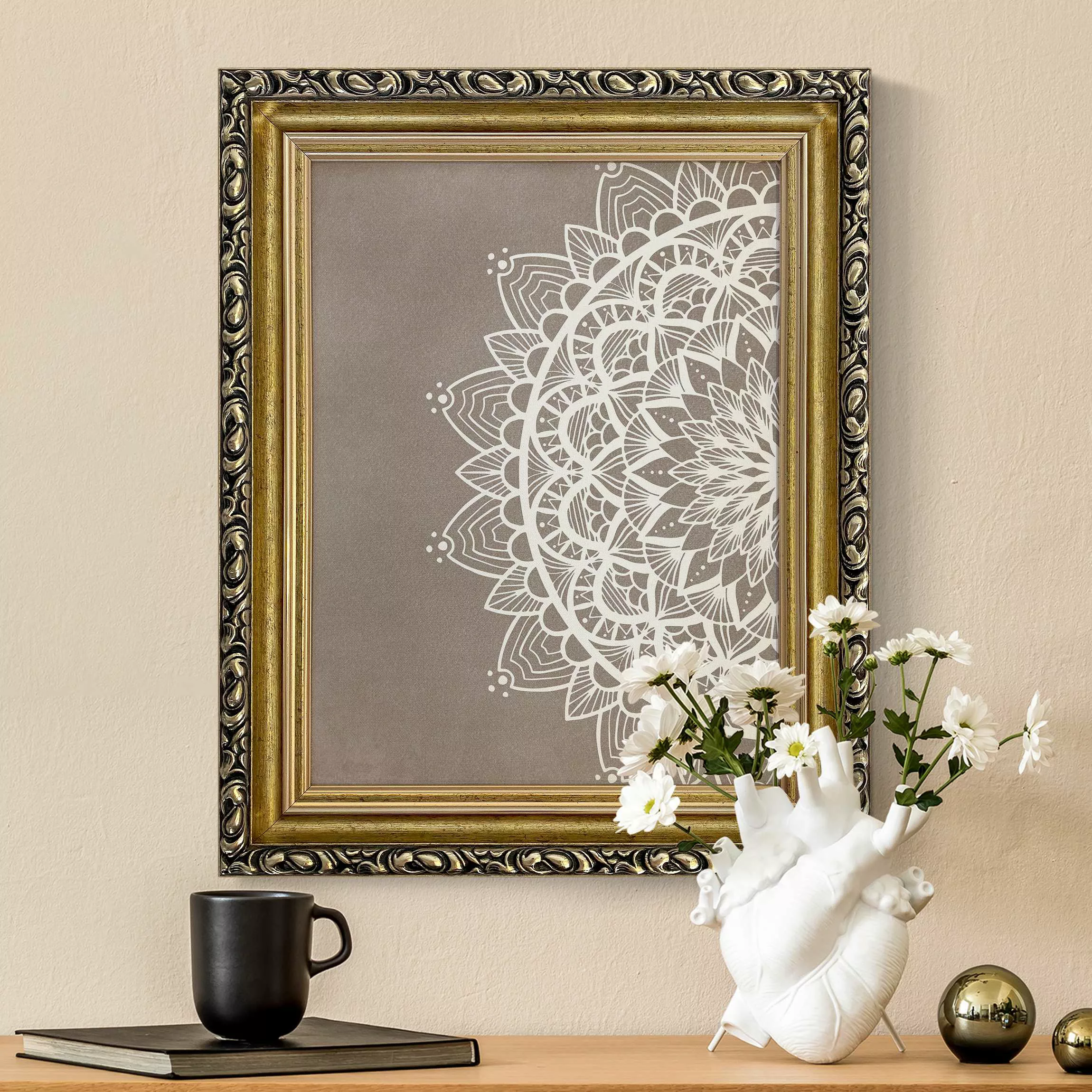 Gerahmtes Leinwandbild Mandala Illustration shabby weiß beige günstig online kaufen