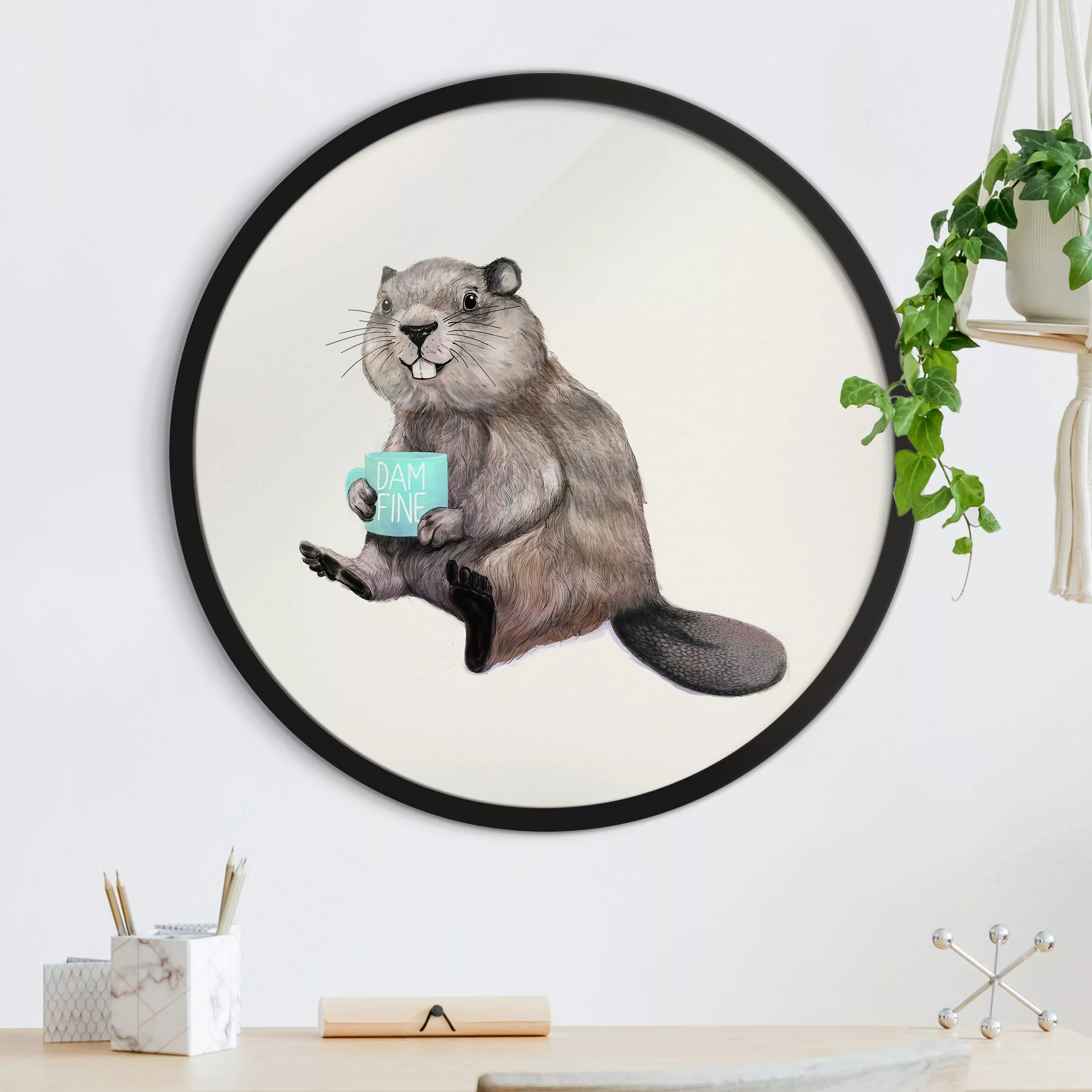 Rundes Gerahmtes Bild Illustration Biber mit Kaffeetasse günstig online kaufen