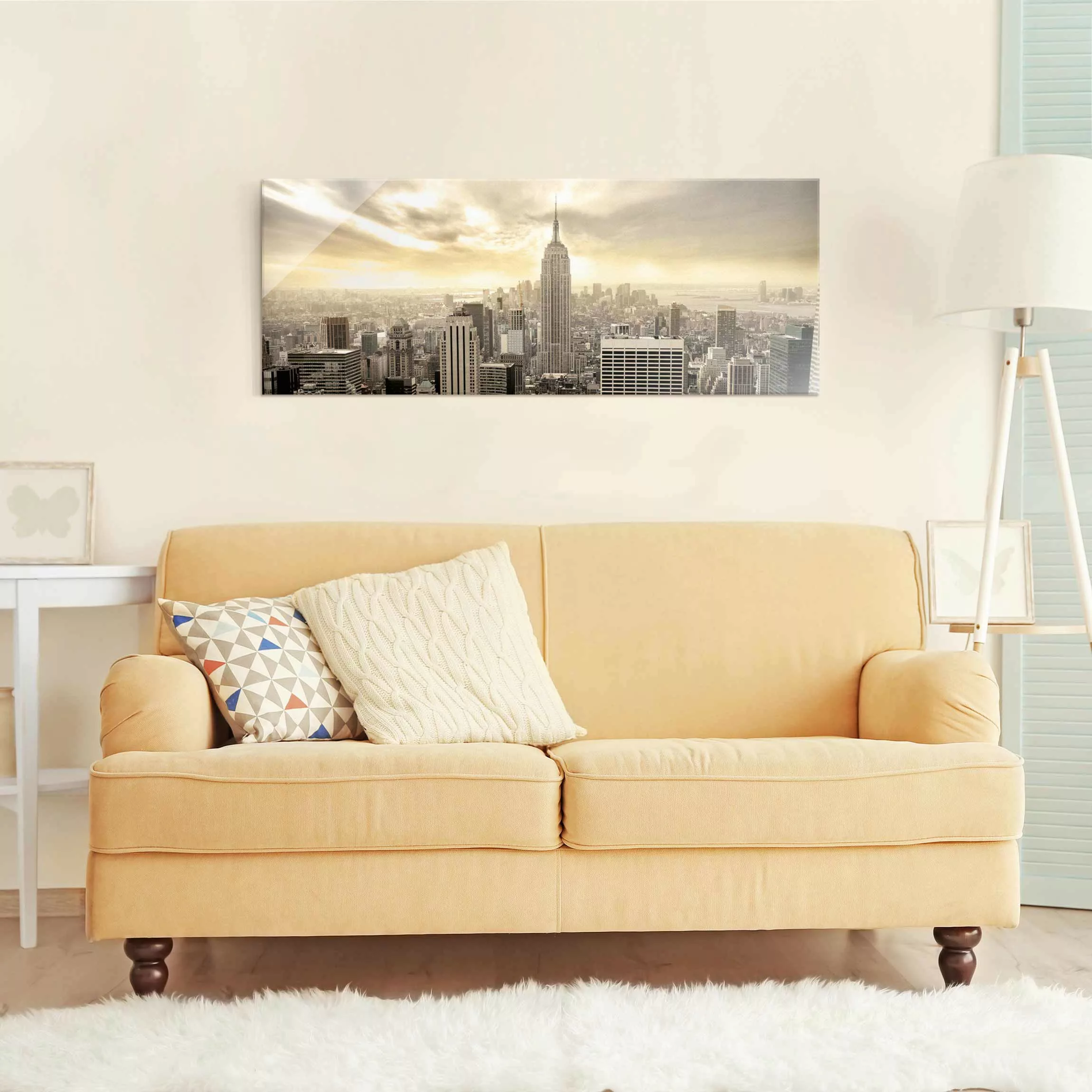 Glasbild Schwarz-Weiß - Panorama Manhattan Dawn günstig online kaufen