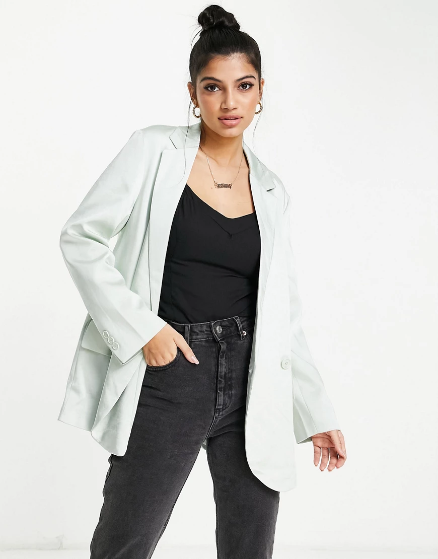 Pimkie – Zweireihiger Oversize-Blazer aus mattem Satin in Mineralgrau, Komb günstig online kaufen