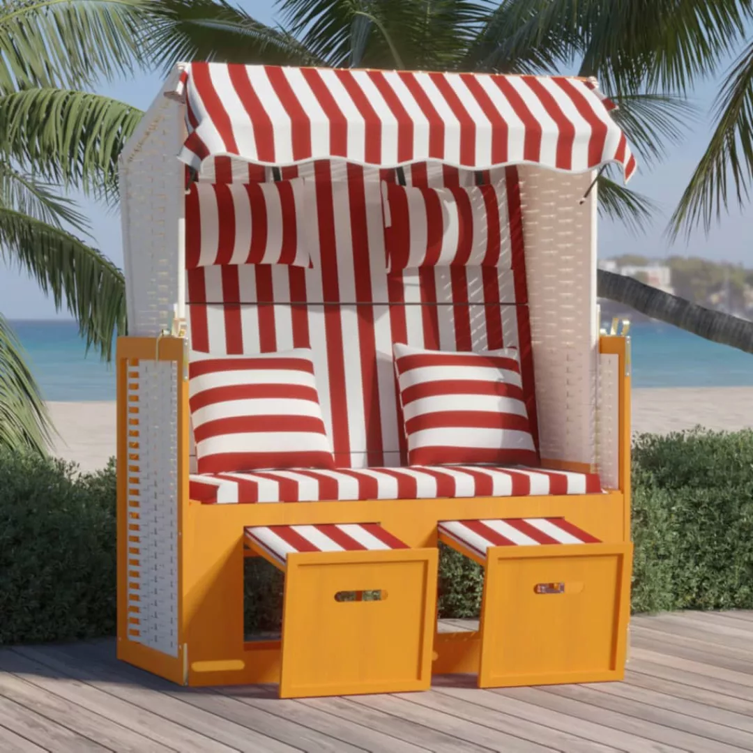 Vidaxl Strandkorb Mit Kissen Poly Rattan Und Massivholz Rot & Weiß günstig online kaufen