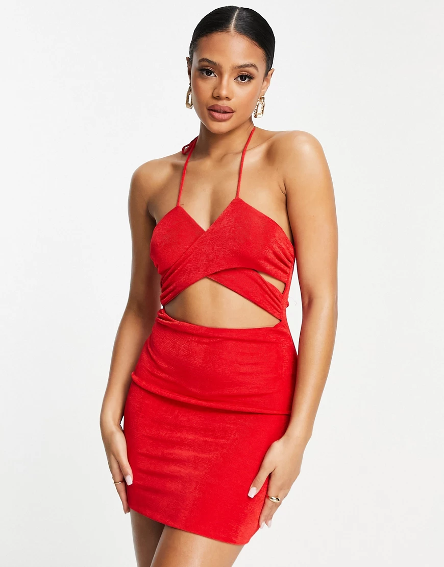 Parallel Lines – Minikleid in Rot mit Zierausschnitten und überkreuzter Vor günstig online kaufen