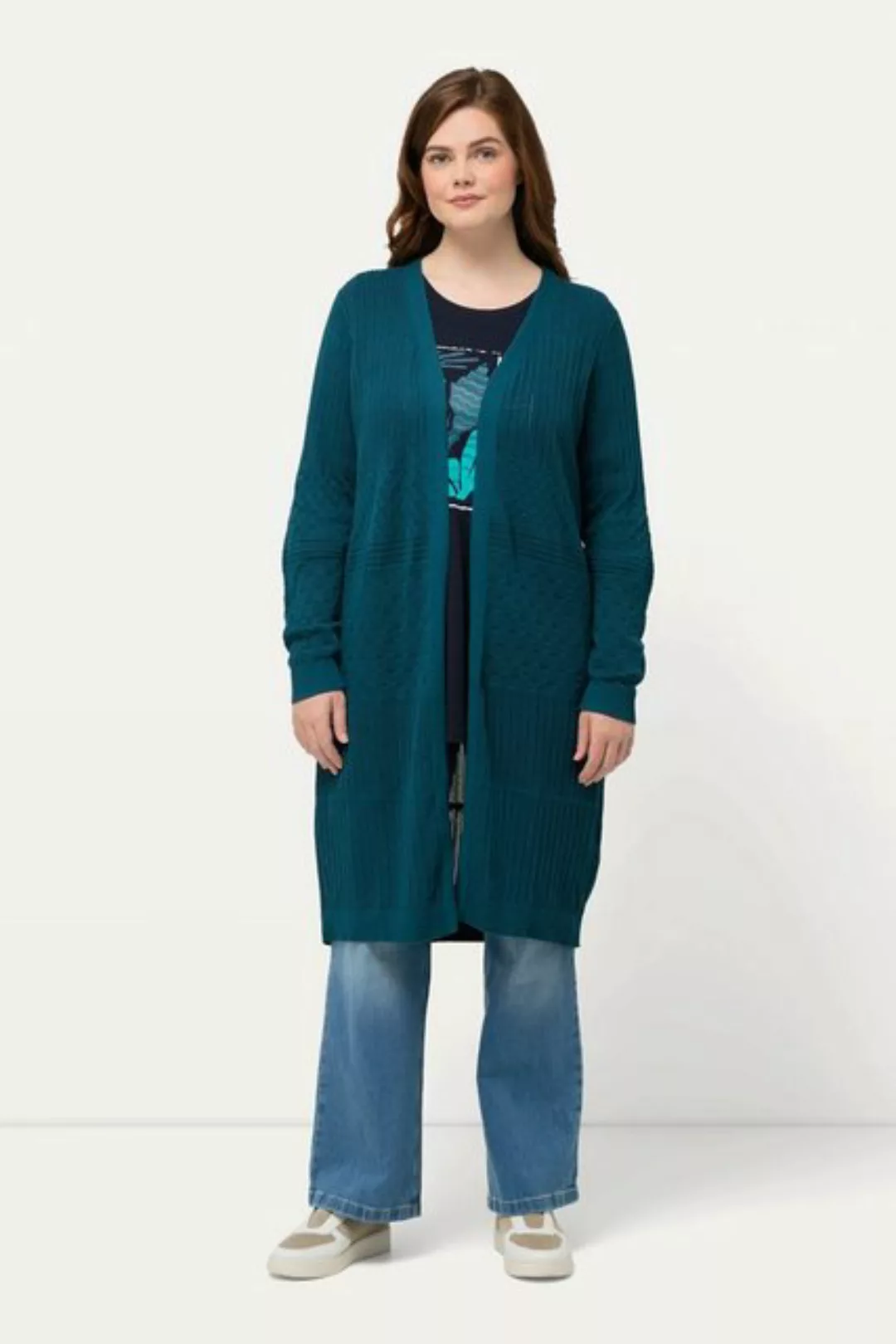 Ulla Popken Strickjacke Long-Strickjacke offene Form Ajour Biobaumwolle günstig online kaufen