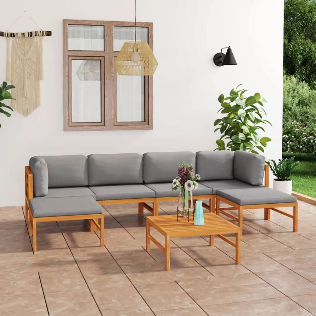 7-tlg. Garten-lounge-set Mit Grauen Kissen Massivholz Teak günstig online kaufen