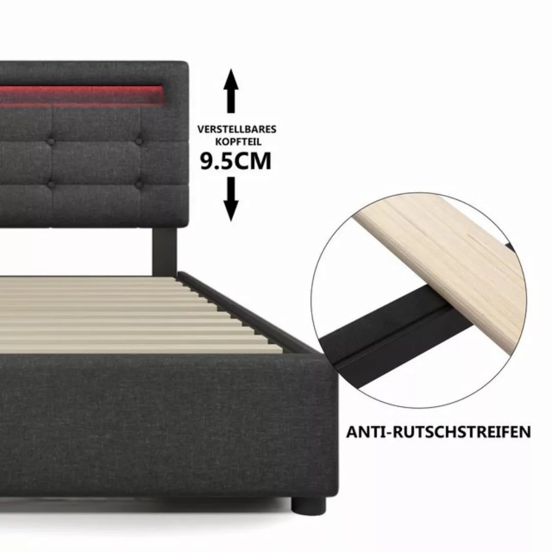 BlingBin Einzelbett Polsterbett Höhenverstellbarem Kopfteil 90x200cm (mit L günstig online kaufen