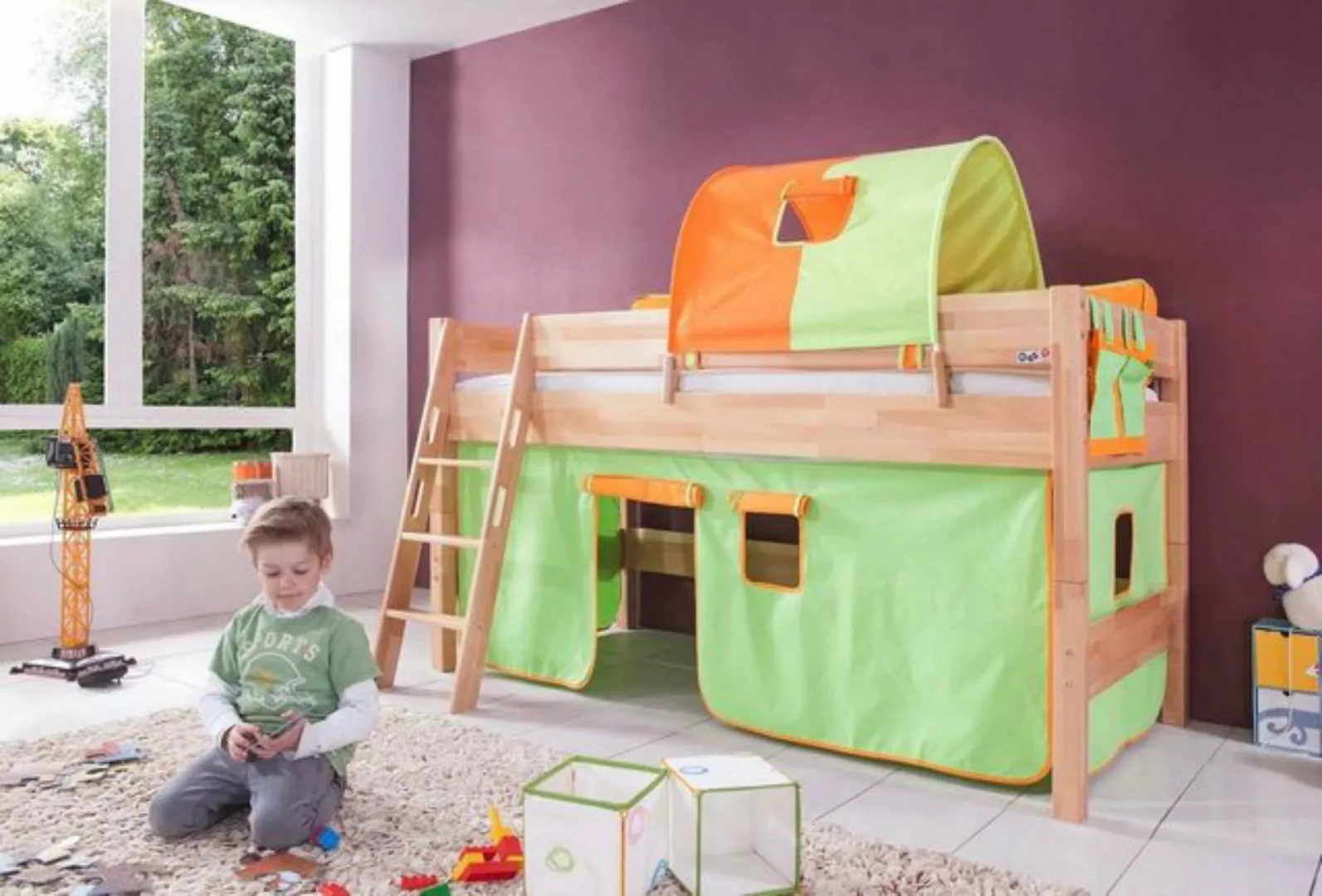 Natur24 Kinderbett Halbhohes Einzelbett Kim Buche lackiert 90x200cm Einzelb günstig online kaufen