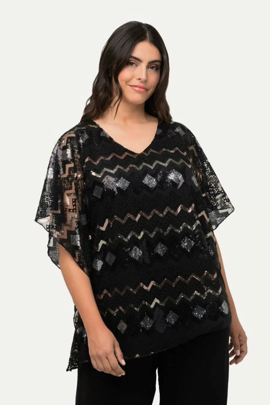 Ulla Popken Longbluse Bluse doppellagig Pailletten V-Ausschnitt Halbarm günstig online kaufen