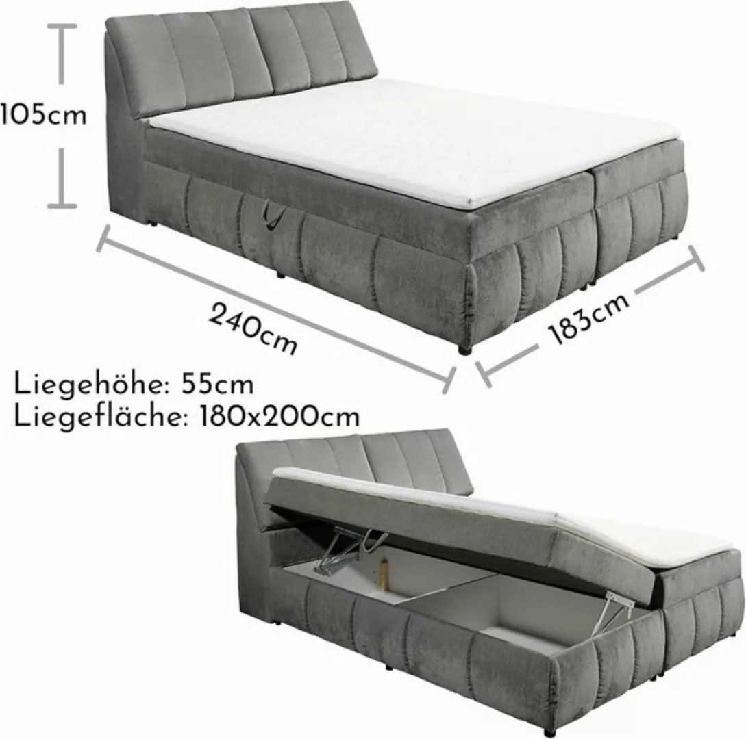 freiraum Boxspringbett Valencia 180, Stauraum, Topper, graphit, 180x200cm - günstig online kaufen