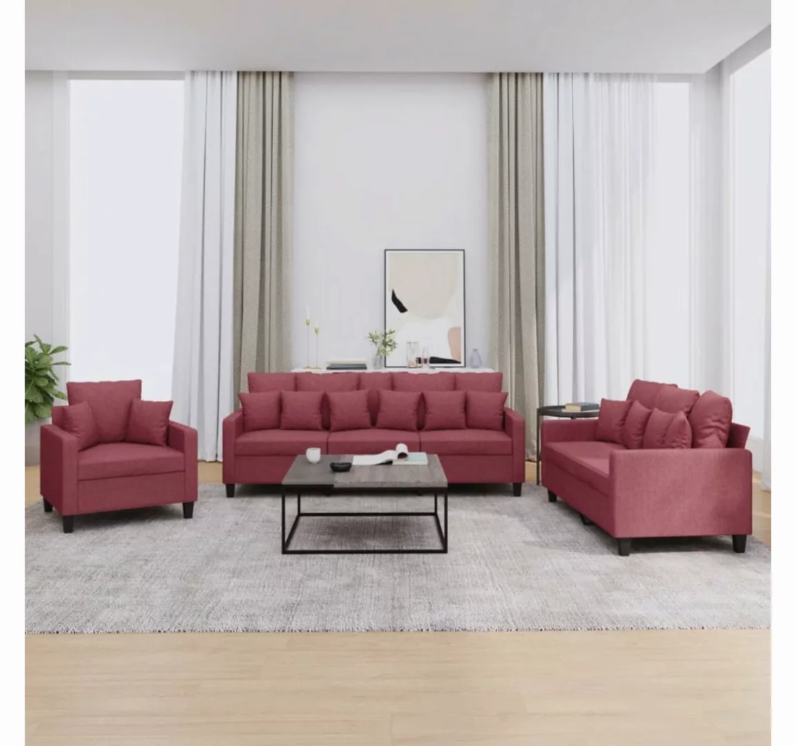 vidaXL Sofa, 3-tlg. Sofagarnitur mit Kissen Weinrot Stoff günstig online kaufen