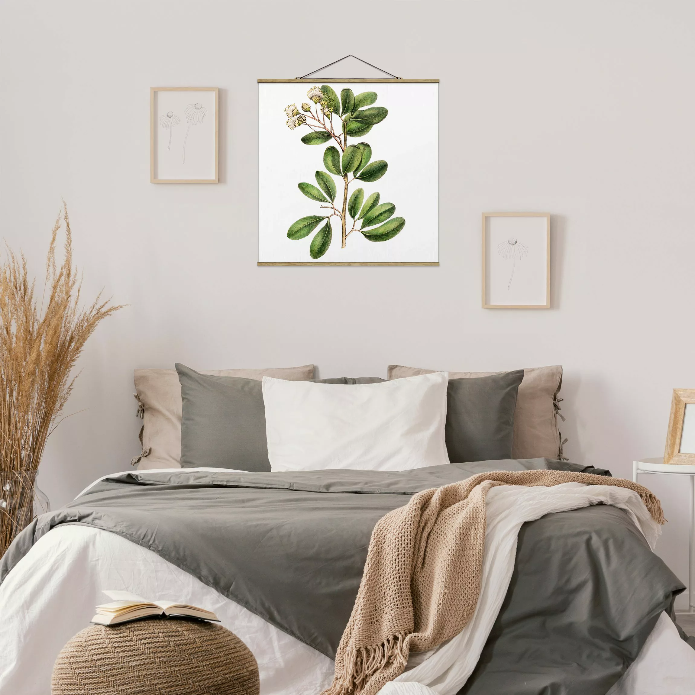 Stoffbild Blumen mit Posterleisten - Quadrat Laubwerk mit Blüten III günstig online kaufen
