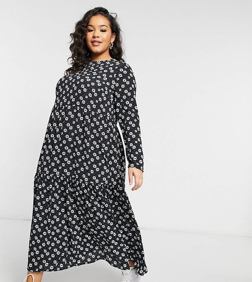 ASOS DESIGN Curve – Gestuftes, langärmliges Midi-Hängerkleid mit gepunktete günstig online kaufen