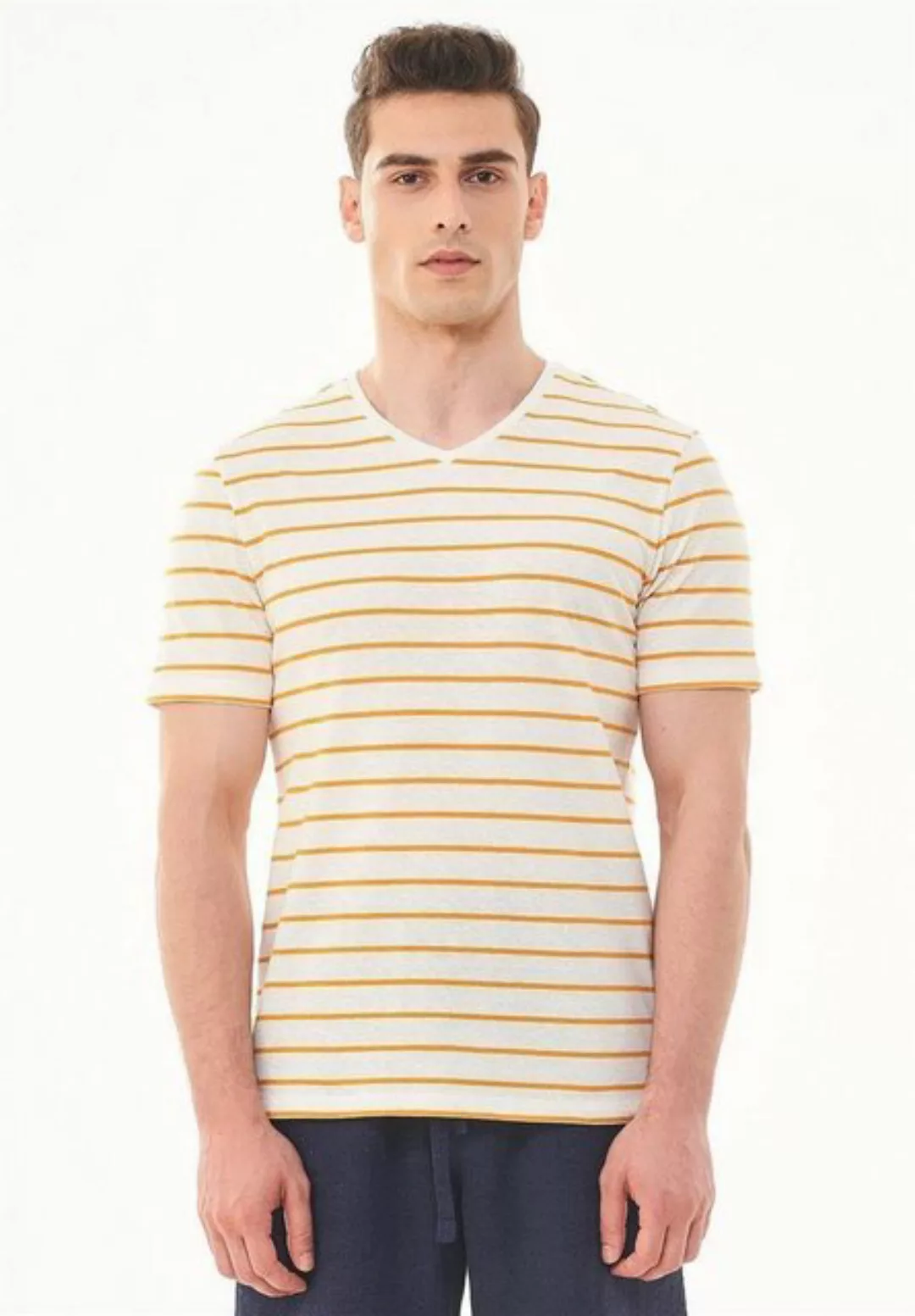 ORGANICATION T-Shirt Men's Striped V-neck T-shirt in Off White/Mango günstig online kaufen