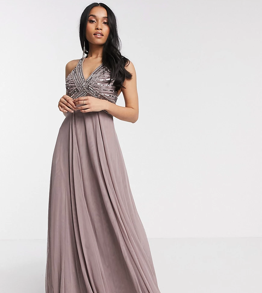 ASOS DESIGN Petite – Linear – Maxikleid in Staubpurpur mit verziertem Obert günstig online kaufen