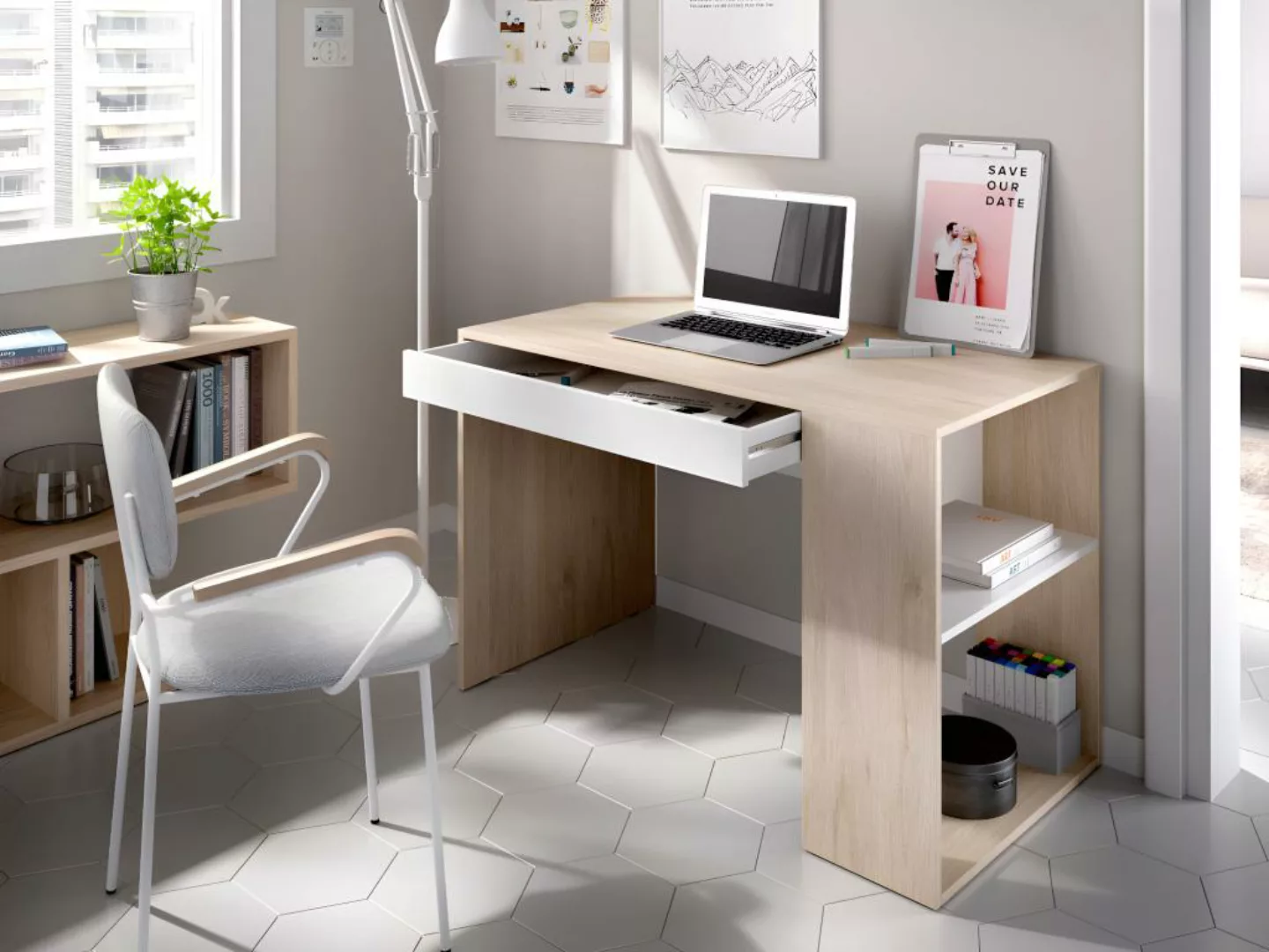 Schreibtisch mit Stauraum - Eichenholzfarben/Weiß - INES günstig online kaufen