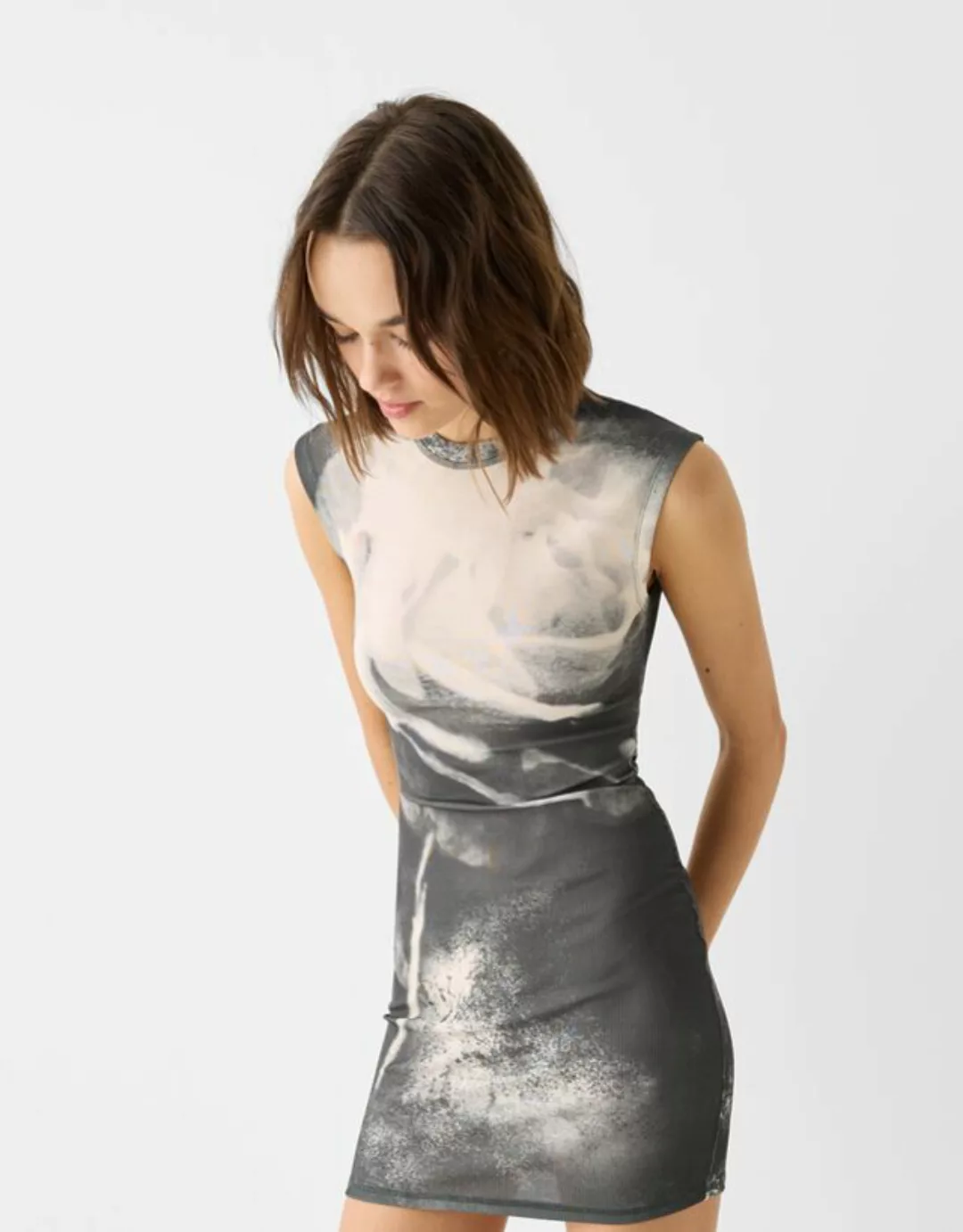 Bershka Minikleid Mit Kurzen Ärmeln Und Print Damen L Schwarz günstig online kaufen