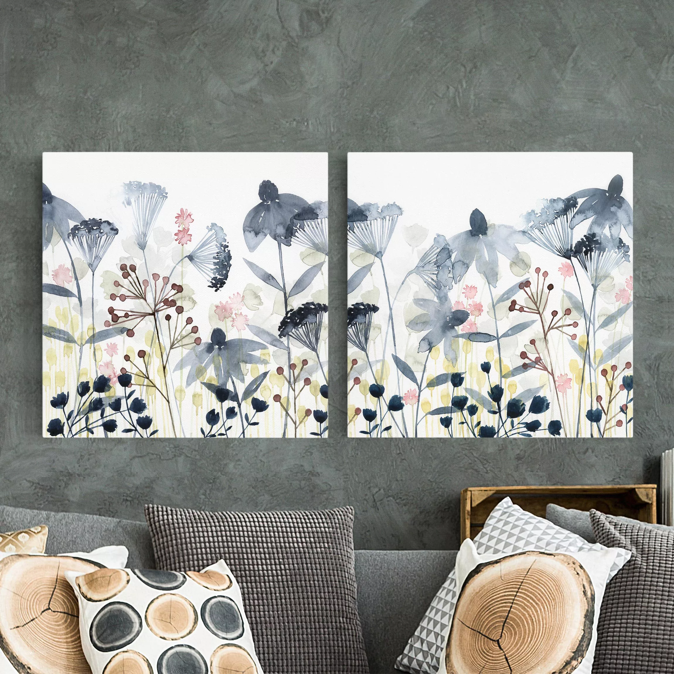 2-teiliges Leinwandbild Blumen - Quadrat Wildblumen Aquarell Set I günstig online kaufen